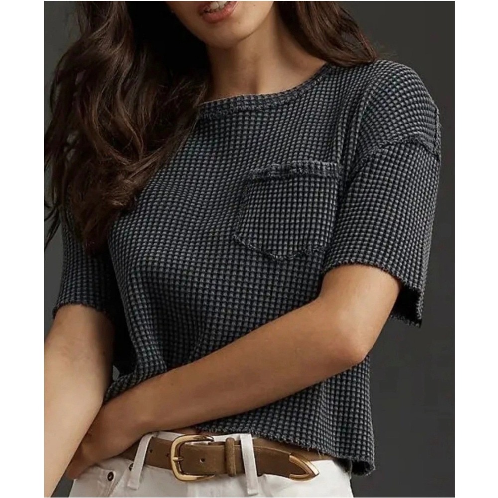 Pilcro Gray Waffle Knit Cropped Oversized‎ Pocket Tee Cotton Boho Top L Boxy